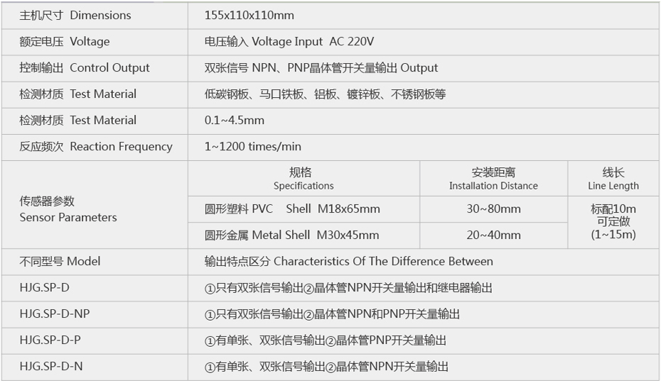 SP-D-NP五金冲压双料重叠检测器参数